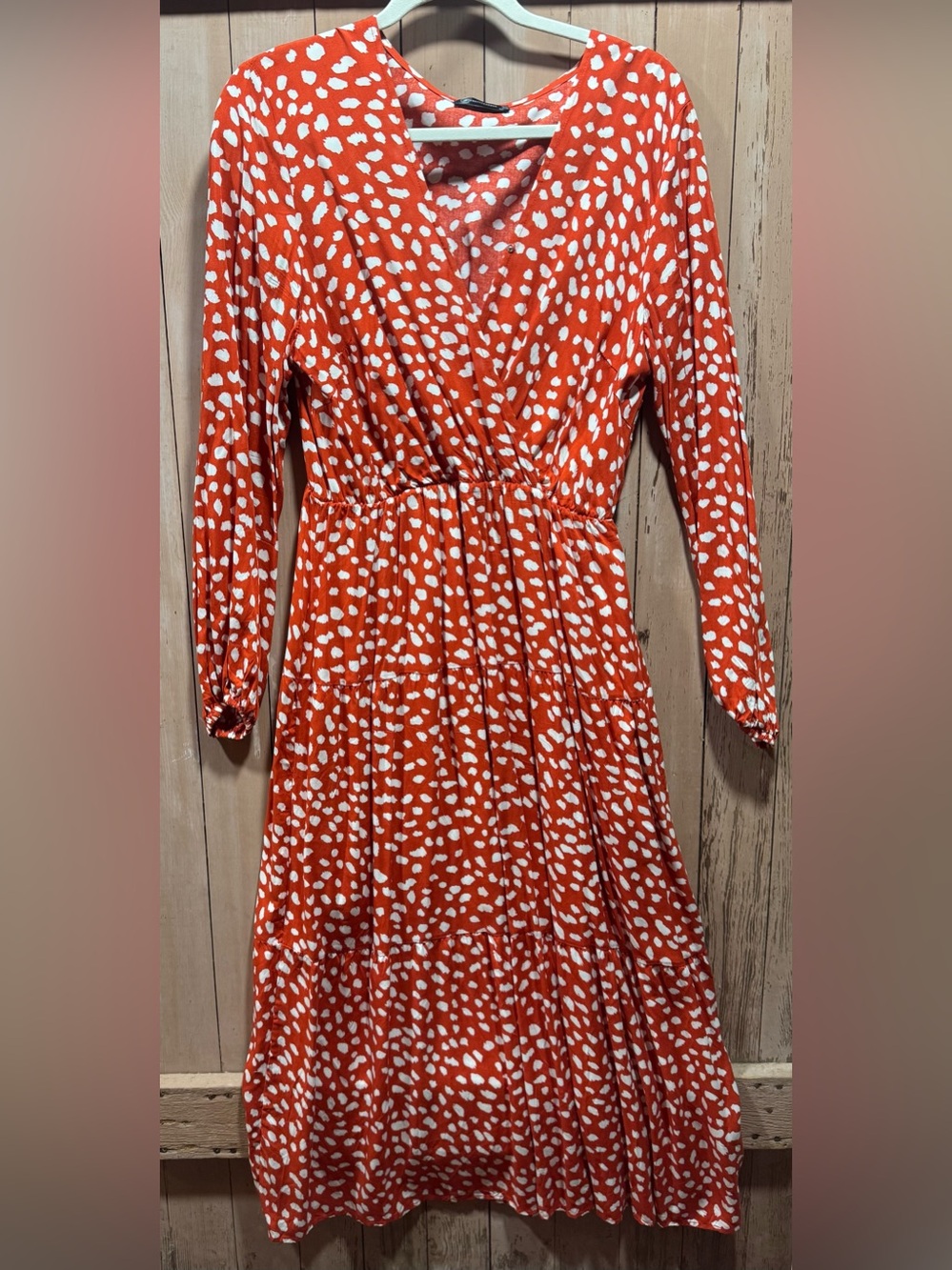 Women's Sienna Orange & White Printed 3/4 Sleeve Faux Wrap Dress (l)